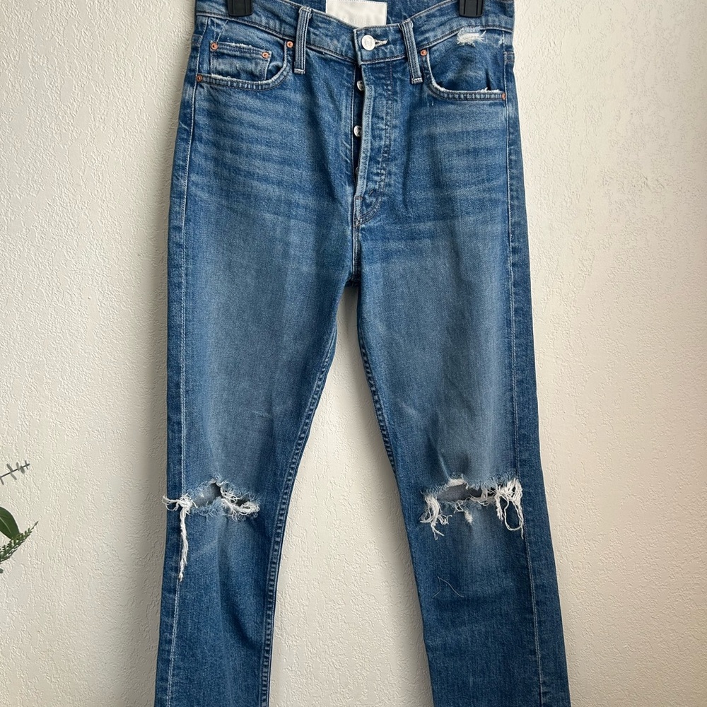 MOTHER Blue Straight Leg Jeans with Distressed Details